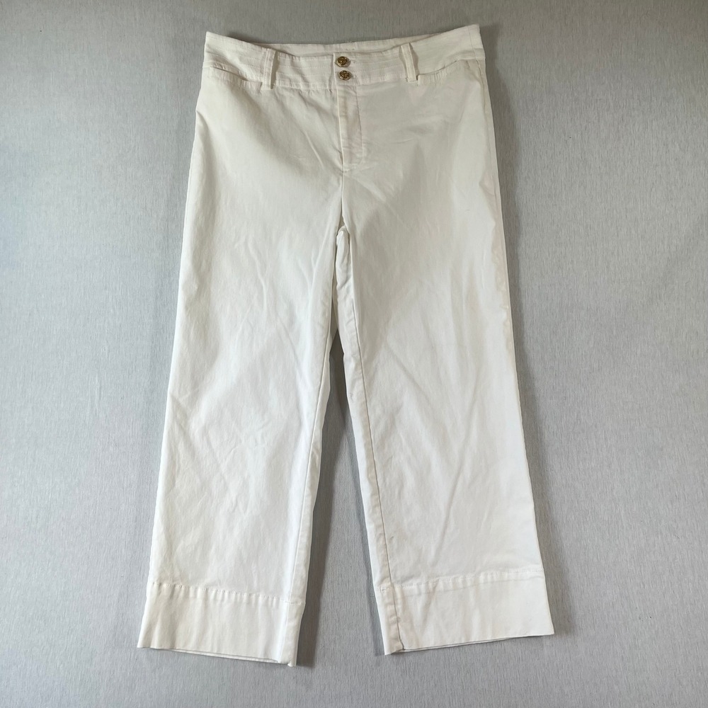 Chicos Crop Pants 1.5 US 10 Wide Leg Gold Crest Buttons White Rayon Blend BOHO